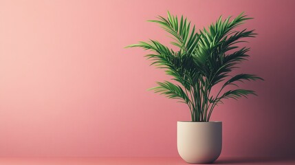Fototapeta premium Pink Minimalist Interior with a Lush Green Palm Plant in a White Pot