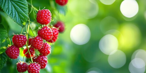 Close up of vibrant red raspberries against a lush green background, showcasing the delicious red...