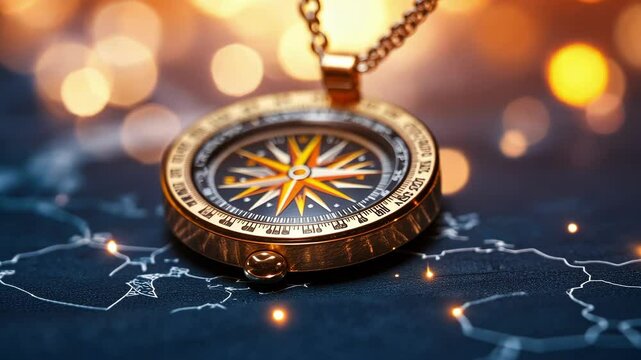Elegant gold compass pendant on interstellar map with bokeh lights