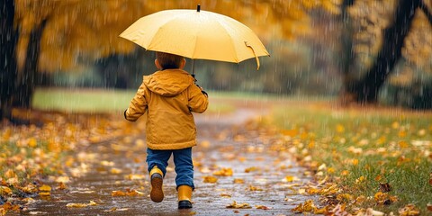Child enjoying autumn rain with an umbrella. The kid runs joyfully in the fall season park, embracing outdoor fun despite the weather. Rain gear, including boots and jacket, keeps children dry.