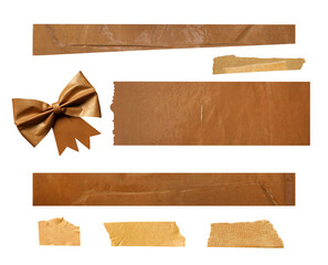 Adhesive tape stripes and bow set. Duct tape part collection. Isolated on white background