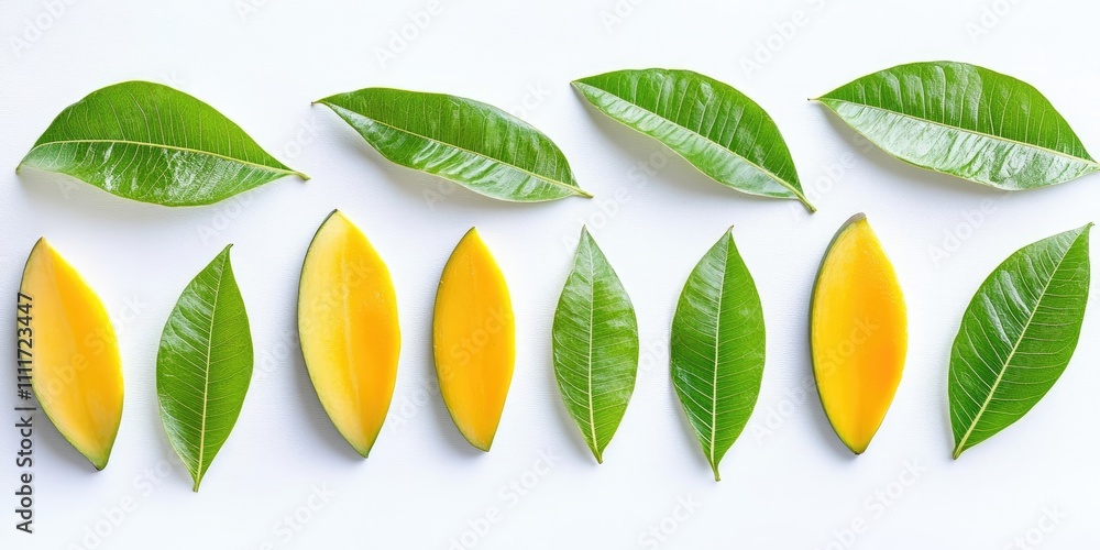 Poster fresh cut mango leaves in elongated slices displayed on a white background serve as a unique packagi