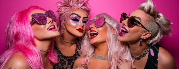 Obraz premium Stylish Women in Pink with Glamorous Accessories at a Party