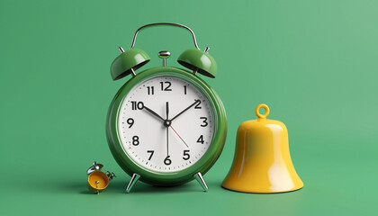  Render of calendar with alarm clock and bell isolated on green background