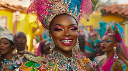 Fototapeta premium Woman in Colorful Carnival Costume Smiling in Festive Street Scene