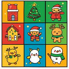 Fototapeta premium A grid of six multi-colored squares, each drawn with a cartoon character, Christmas motifs. They are distributed in two rows of three characters each made with generative AI