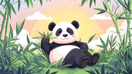 A panda is laying in the grass with a bamboo stick in its mouth
