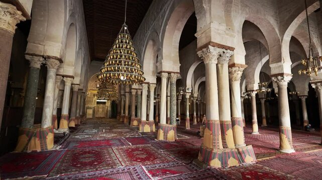 Internal view of the Mosque of Uqba - the masterpieces of Islamic architecture in Tunisia