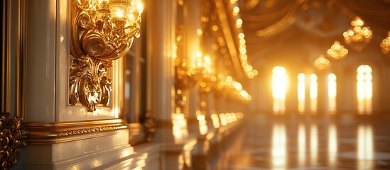 Obraz premium Golden Hallway: Palace Interior with Ornate Details and Sunlight