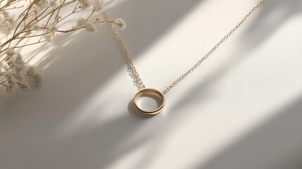 Fototapeta premium Elegant Gold Necklace with Simple Round Pendant on Soft Background