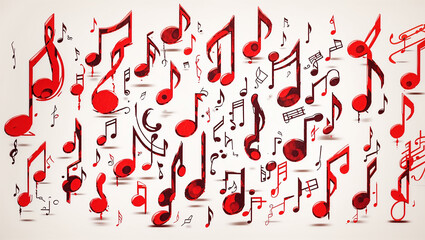 Gold and red  music notes fall against a dark green