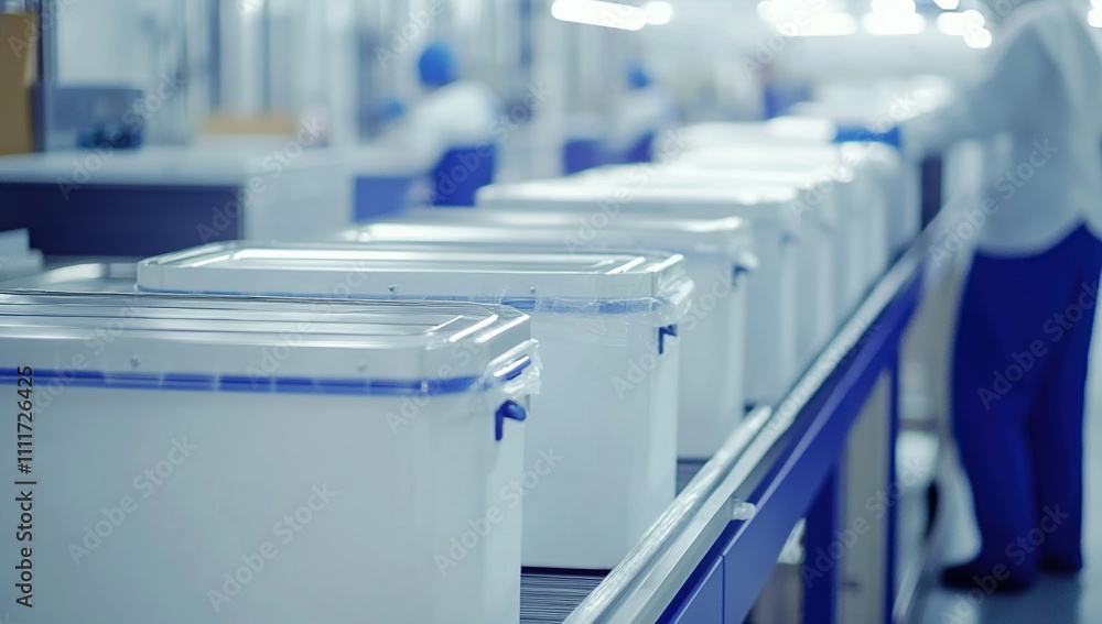 Poster automated system moves containers on conveyor belt in factory, showing industrial efficiency and pro