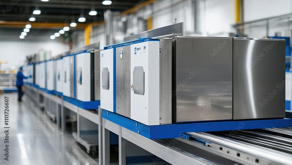 Poster automated industrial conveyor system: modern factory equipment transports products efficiently on a 