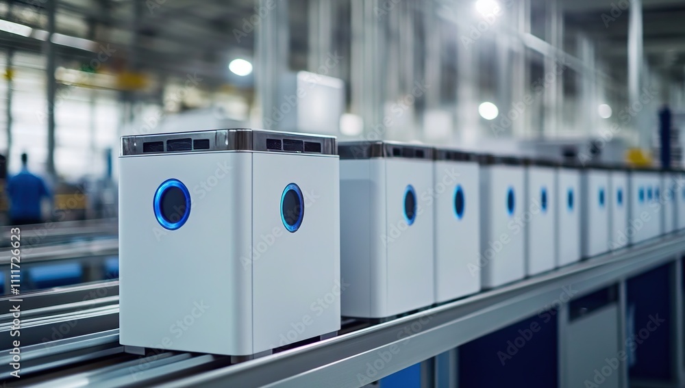 Poster factory automation: robots assemble air purifiers efficiently on conveyor belts in modern industrial