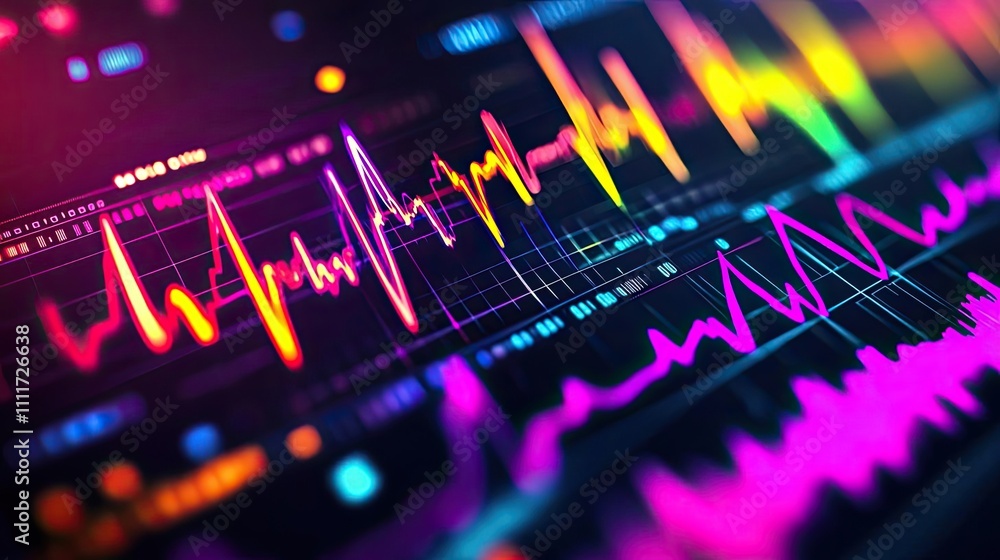 Poster colorful digital waveform on a dark background showcasing sound data visualizations.