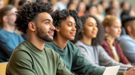Obraz premium Group of college students e-learning on laptop with teacher's assistance in classroom.