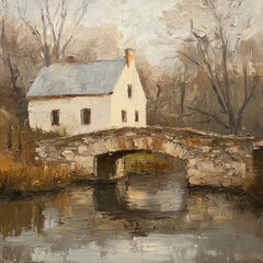 An oil painting of a country home by a stone bridge