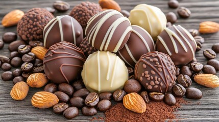 Assorted chocolate truffles with almonds and coffee beans on wooden background.