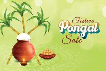 Pongal Festive Celebration With Rice Mud Pot, Sugarcane And Oil Lamp On Green Color Background. Grand Indian  Festival Offer Sale Landing Page Vector Illustration For E-commerce, Web, Greetings Card