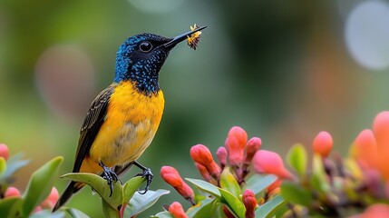 Fototapeta premium Vibrant Orange-rumped Sunbird on Blossoms