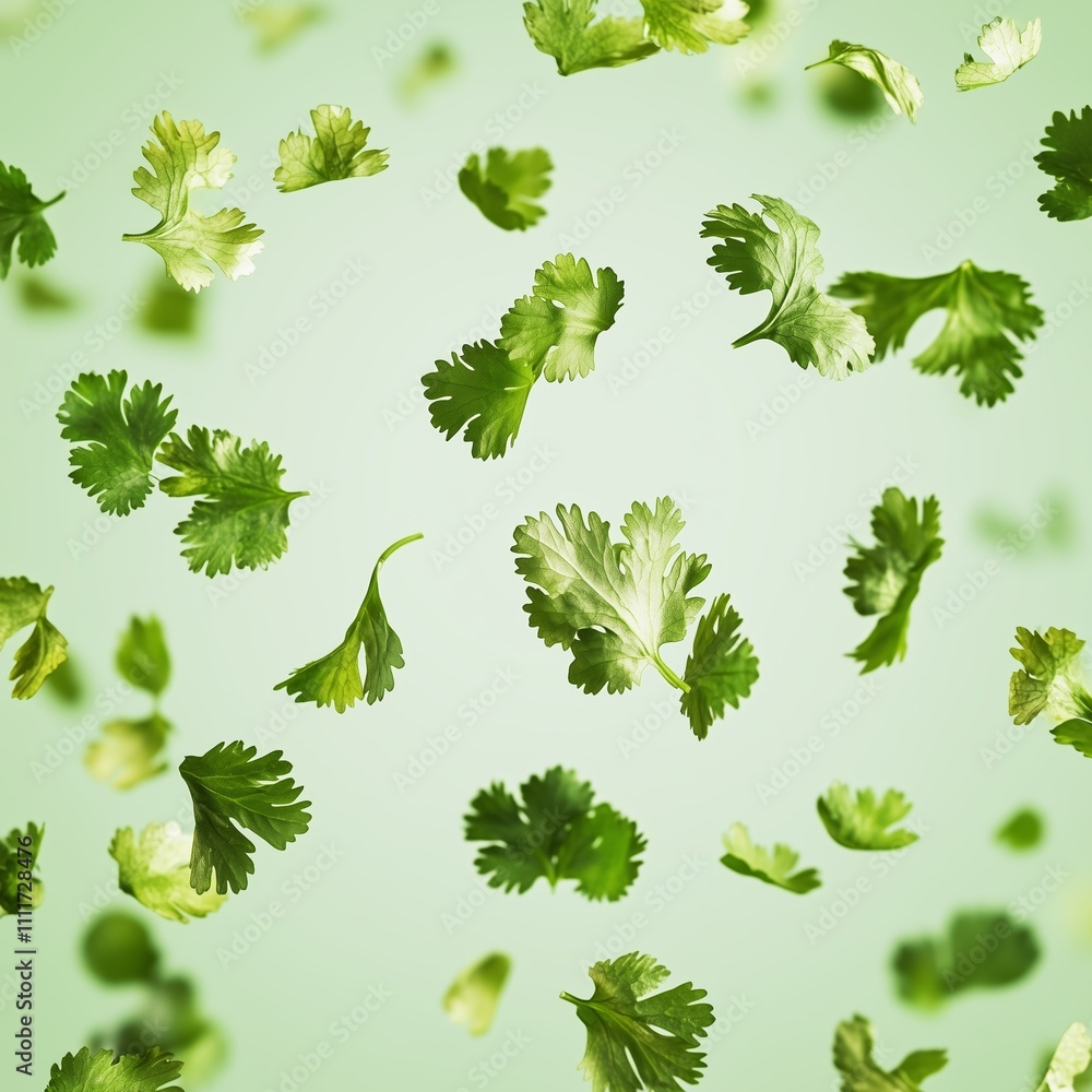 Poster fresh cilantro leaves floating in mid-air create a vibrant green display against a soft background