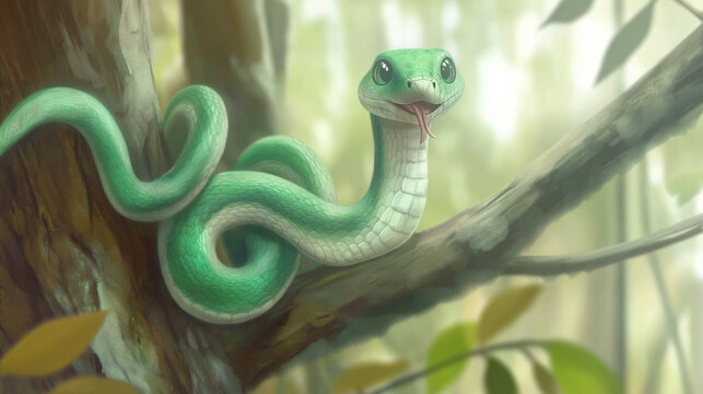 A kind green snake with a white belly in a cartoon style hangs on a tree branch