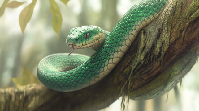 A kind green snake with a white belly in a cartoon style hangs on a tree branch