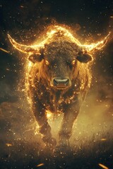 Fototapeta premium A majestic golden Taurus, glowing with an ethereal light in the dark sky