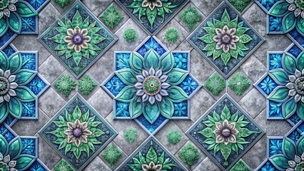 Intricate geometric tiles with vibrant icy blues, deep greens, and soft purples create mesmerizing pattern. interlocking design features floral motifs and textured surfaces
