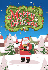 Santa Claus holding smartphone gift box snowy village Christmas theme holiday greeting card design
