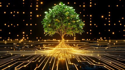 Tree growing from a digital motherboard, roots entangled with circuits, lush green leaves, warm lighting, representing eco-friendly technology