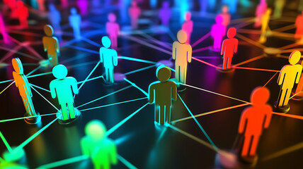 Abstract colorful human figures connected by lines, representing social media networks, digital interactions, communication, and online community connections.
