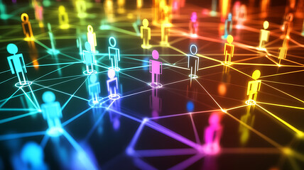 Abstract colorful human figures connected by lines, representing social media networks, digital interactions, communication, and online community connections.
