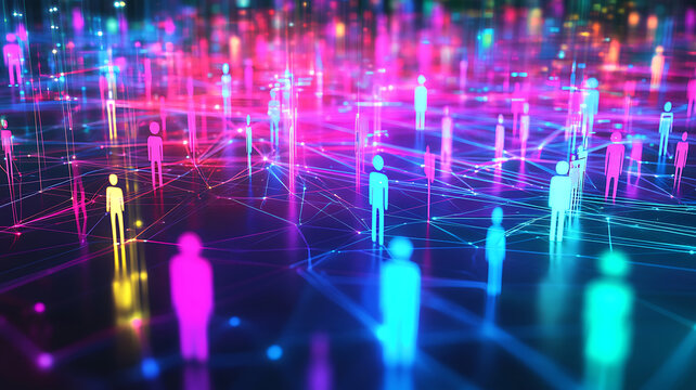 Abstract colorful human figures connected by lines, representing social media networks, digital interactions, communication, and online community connections.
