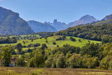 Panoramic view of the valley in front of Picu Urriellu mountain from the viewpoint in Asturias, Spain