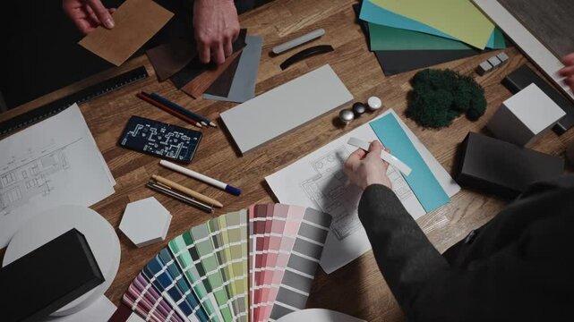 Working in a design studio. Interior designers are working with various palettes, textures, and material samples to select combinations for their project. The view is from above