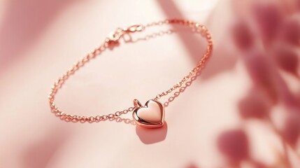 Elegant Rose Gold Heart Charm Bracelet on Soft Pink Background