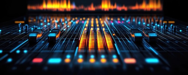 Abstract sound mixer with colorful sound waves on dark background.