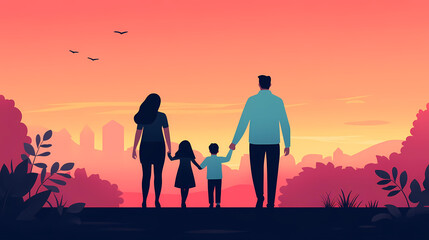Fototapeta premium Cheerful family walking together in park during sunset, enjoying quality time and creating memories. vibrant colors of sky enhance joyful atmosphere