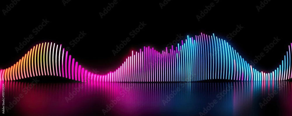Poster colorful audio waveform display on a black background, visually representing sound.