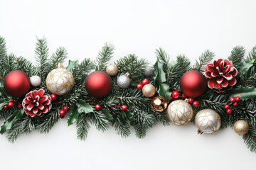 Christmas holiday background. Christmas tree arch frame with balls. Christmas decoration. For holiday headers, banners, party posters. Xmas border of sprigs with pine cones over white background