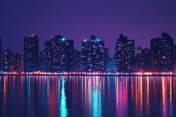 Obraz premium A vibrant city skyline at night reflecting on water.