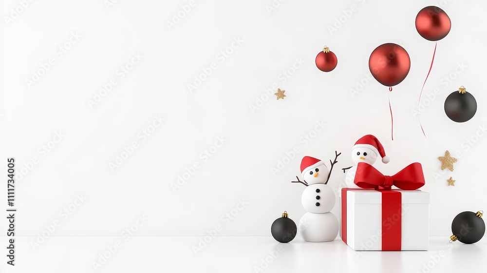 Poster A white background with two snowmen and a red box with a bow on it
