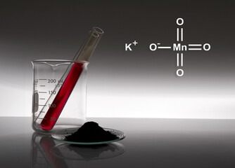 Potassium permanganate (KMnO4) with chemical structure, a common chemical compound that combines manganese oxide ore with potassium hydroxide.