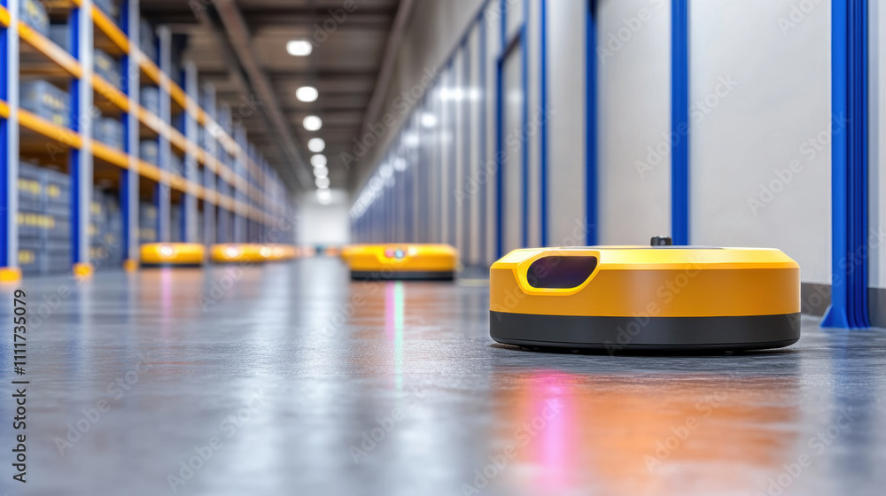 Poster autonomous robots navigate a modern warehouse, optimizing logistics and efficiency, ai