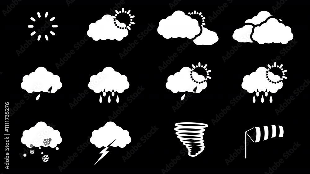 Wall mural 12 weather icons animated loop on transparent background - white fill version