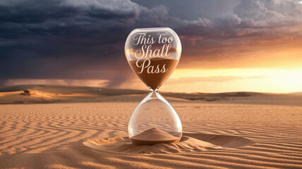 Symbolic hourglass in vast desert with glowing 'This too shall pass' text, golden sunset, storm clouds breaking, resilience and hope concept, dramatic landscape, inspiration and transient time themes