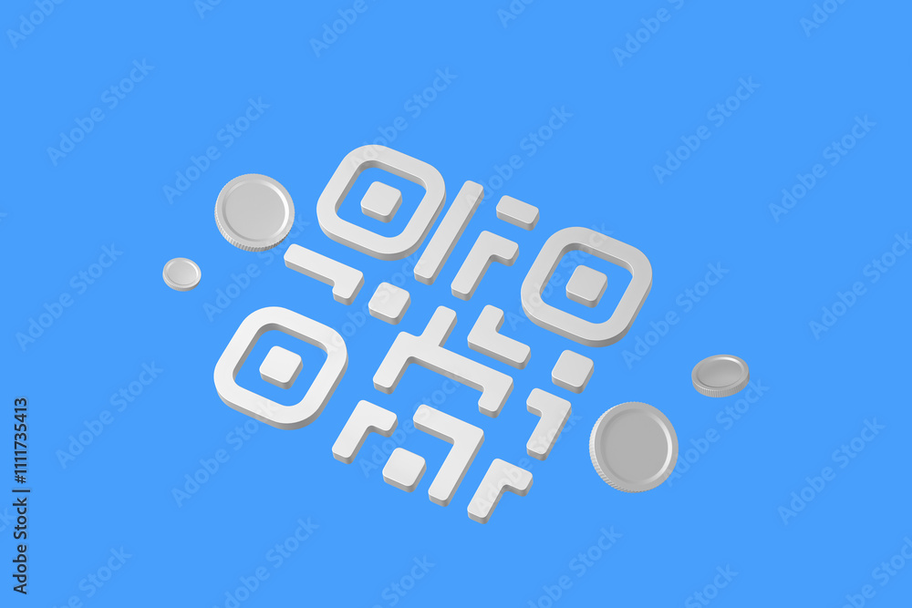 Poster qr code with coins on blue background representing digital payment and financial transfer concept. 3