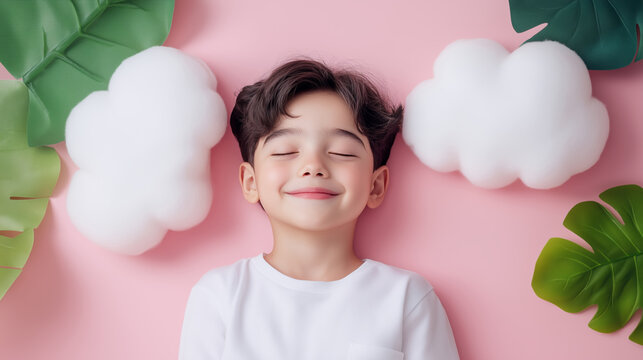 Smiling Boy Resting on Cloud Pillow with Tropical Leaves. Child Sleep Concept.