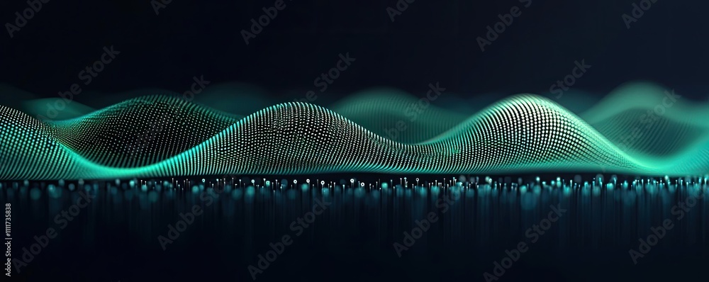 Poster abstract wave pattern with glowing lines on a dark background.